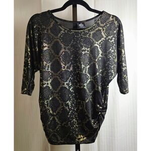 Bobeau S Top Snake Print Metallic Semi Sheer Gold Black Dolman Sleeve Ruched Hot